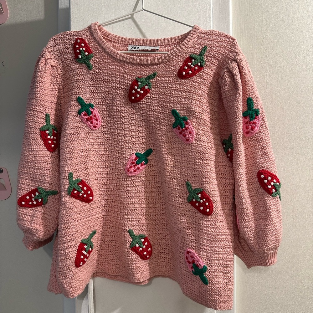 Zara pink knit sweater with cute strawberry design size L